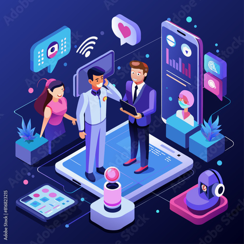 AI personal assistants on smartphones. Voice-activated digital helpers. Efficiency and productivity tool. Low poly vector illustration with 3D effect on mobile user interface background.