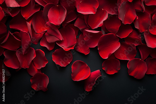 red rose petals background, Vibrant red rose petals are delicately scattered against a sleek black background, creating a visually stunning contrast