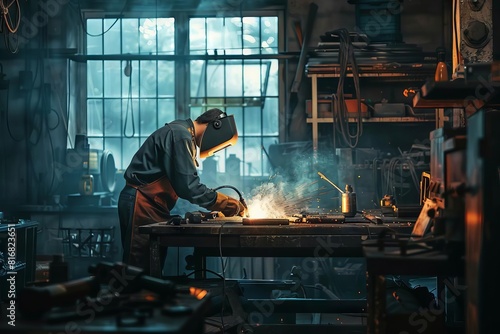 skilled welder crafting metalwork in industrial workshop dramatic lighting digital painting © furyon