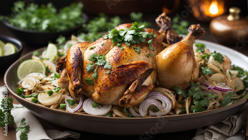The image is of a roasted chicken on a bed of onions and garnished with parsley.
