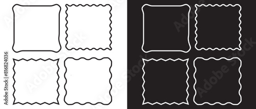Square frames with wavy edges. Zigzag wavy border set. Doodle wave square curve edge frame. Picture or empty photo frames. Doodle brush hand drawn square and circle picture frame. Vector illustration.