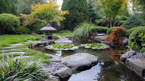 japanese green garden, stone lantern, pond with koi fishes and trees photo