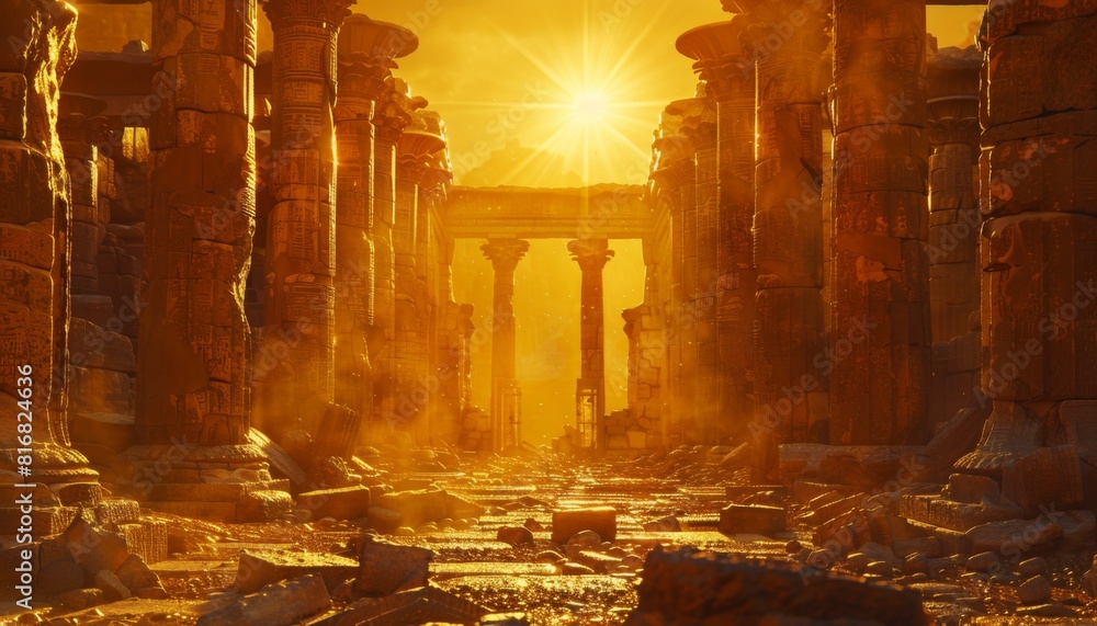 Obraz premium Ancient ruins bathed in golden light at sunrise, Exploration, history, culture