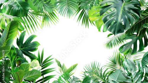 Vibrant  green tropical leaves elegantly frame a blank white space  highlighting the rich textures and patterns of botanical beauty