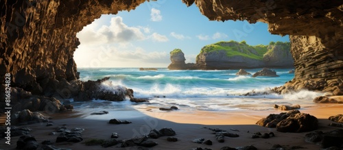 View of a volcanic open cave on the beach photo