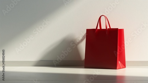 Red shopping bag on a minimalist surface with sunlight and shadows.