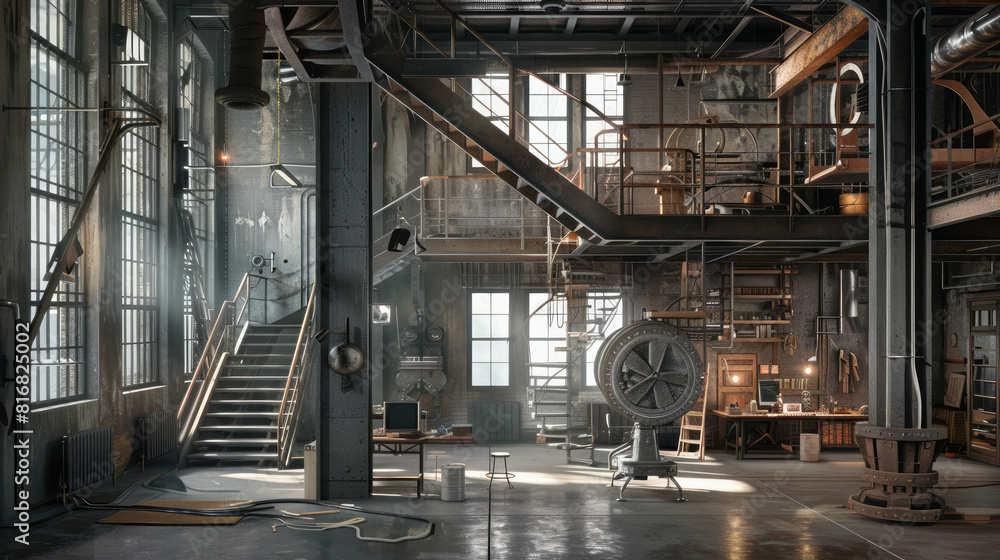 Immerse yourself in the ambiance of light industrial interior design, where restaurants and coffee shops showcase chic urban aesthetics. AI generative.