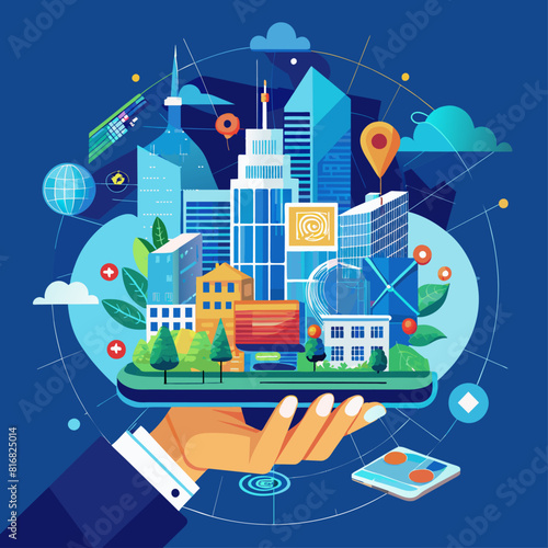Abstract urban planner hand designing a smart city. Urban development and technology concept. Low poly wireframe vector illustration on technological blue background.