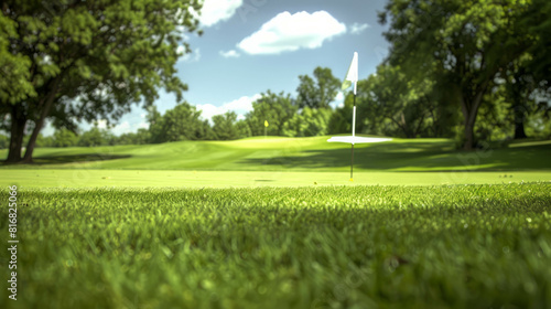 Witness the tranquil scenery of a golf course with a low angle shot showcasing the vibrant greenery and the flag waving in the breeze. AI generative. photo
