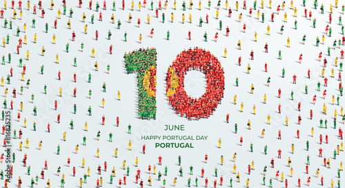 Happy Portugal Day. A large group of people form to create the number 10 as Portugal celebrates Portugal Day on the 10th of june. Vector illustration.