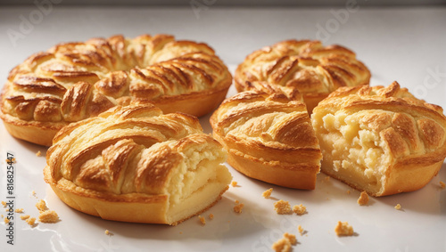 Four pastries, shaped like large pinwheels, sit on a marble surface. photo