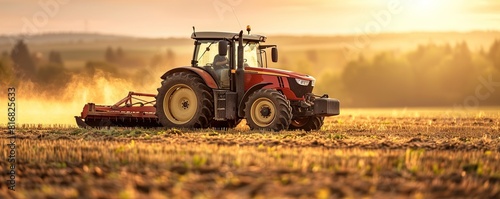 Tractor plowing field at sunset, dust trail, rural scene.