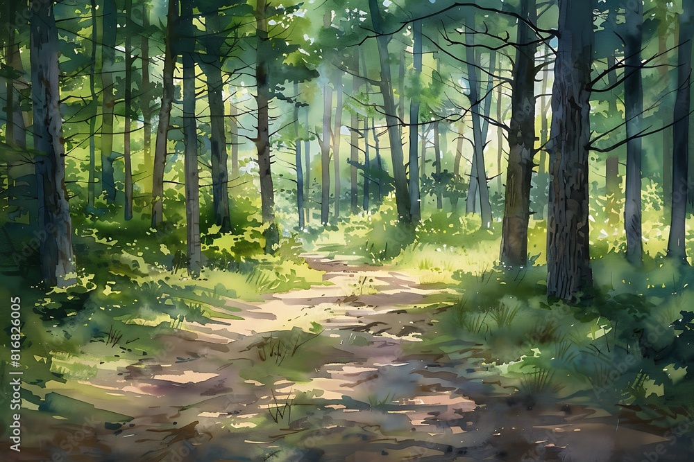 Obraz premium Peaceful Watercolor Forest Scene with Sunlit Trees and Wildflowers