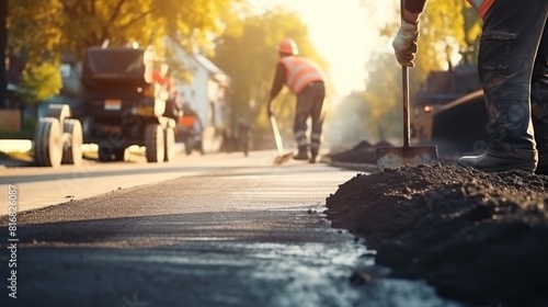 Worker are laying new asphalt road pavement in residential area. 