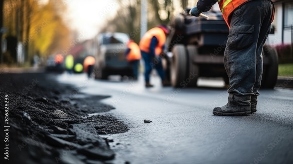 Worker are laying new asphalt road pavement in residential area. Worker are laying new asphalt road pavement in residential area.