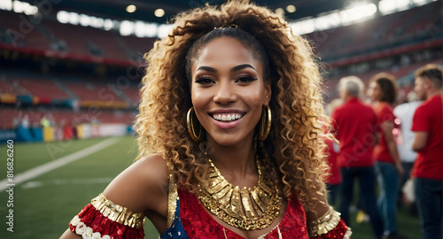 Portrait of smiling African American cheerleader in sport stadium. Female cheerleader outfit, sports championship and fan cheering zone