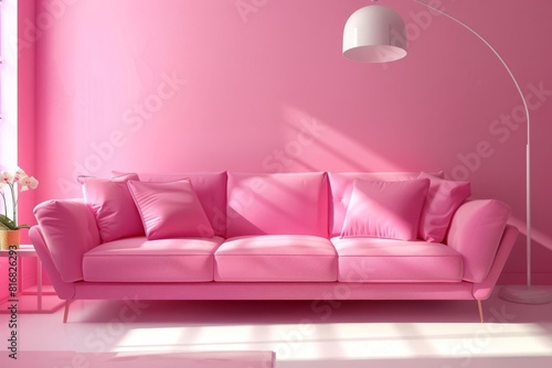 stylish pink sofa in monochromatic pink living room with modern lamp interior design digital rendering