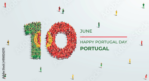 Happy Portugal Day. A large group of people form to create the number 10 as Portugal celebrates Portugal Day on the 10th of june. Vector illustration.
