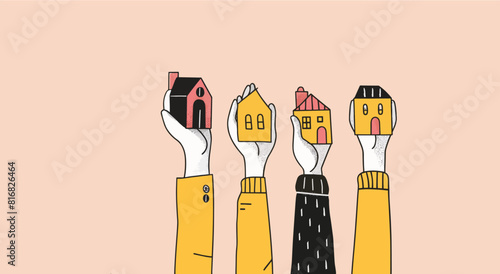 Hands holding up different small houses. real estate hand drawn style illustration