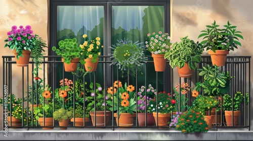 A balcony with a variety of potted plants and flowers © Chayan