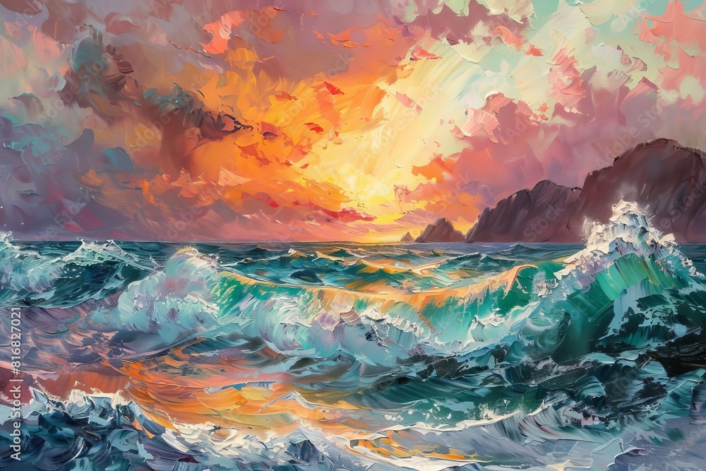 tempestuous sunset seascape crashing waves vibrant sky distant island silhouette oil painting