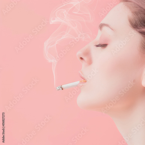 Experience the juxtaposition of smoking and minimalist aesthetics as a woman indulges in a cigarette, rendered in pastel pink. AI generative. photo