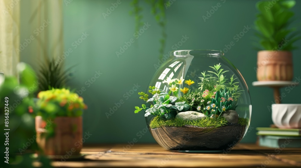 A glass vase with a plant inside it sits on a wooden table A glass vase with a plant inside it sits on a wooden table