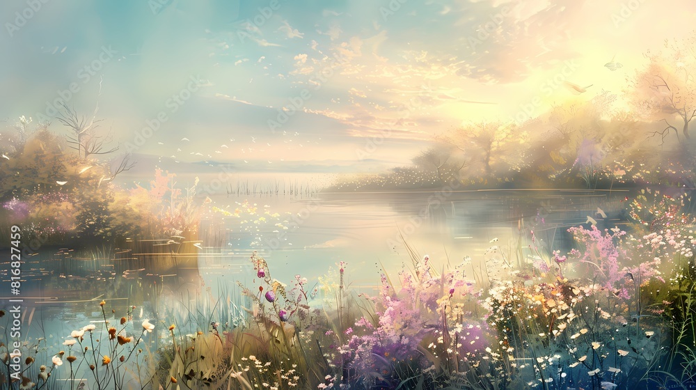 Pastel colors gently merging together, painting a peaceful and harmonious landscape.