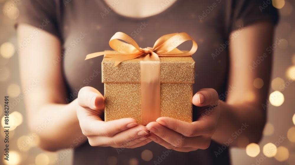 Woman hands holding present gift box decorated golden ribbon on light background Woman hands holding present gift box decorated golden ribbon on light background