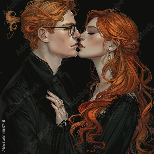 A long-haired girl with red hair, glasses and a black dress kisses her boyfriend, he has long red hair and fair skin. Black background