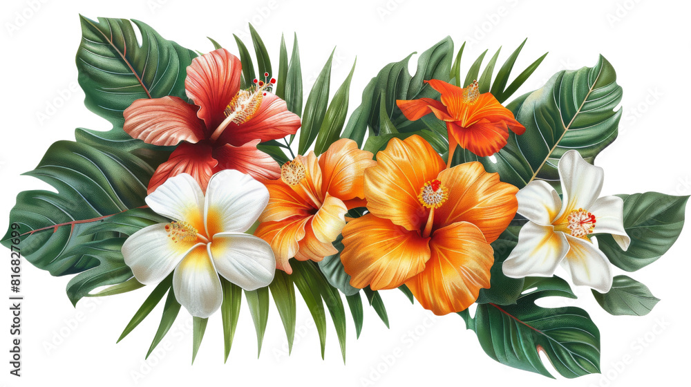 Fototapeta premium Lush Hawaiian hibiscus flowers bloom vibrantly against a pristine white background, showcasing their vivid colors and delicate beauty