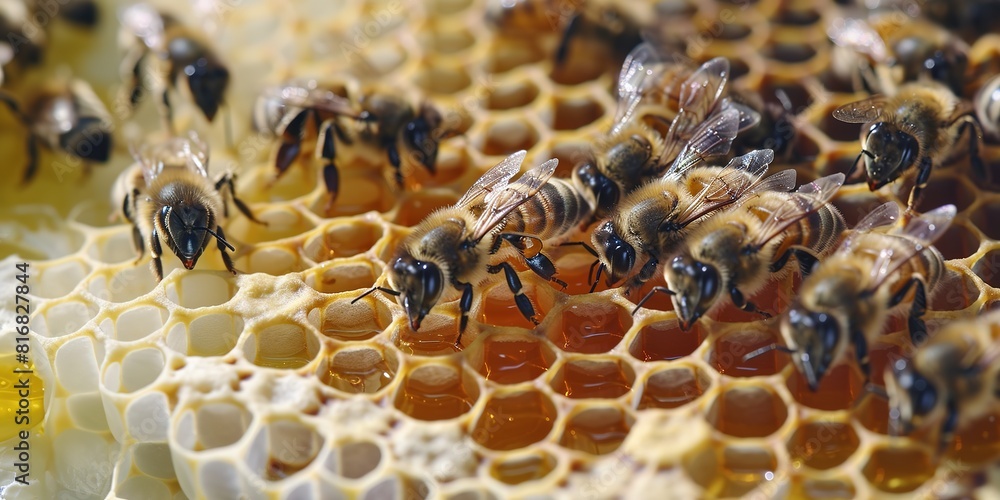 Bees on honeycomb, details of hive life, honey production proces Bees on honeycomb, details of hive life, honey production proces