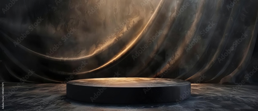 Luxury black podium in a highend fashion setting close up ethereal double exposure with dark velvet backdrop Luxury black podium in a highend fashion setting close up ethereal double exposure with dark velvet backdrop