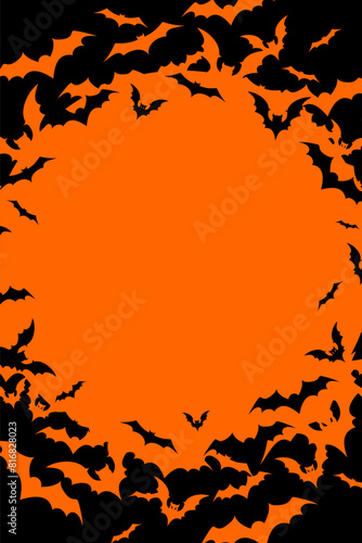 Vertical Halloween banner with black bats on the orange background. Illustration with text.
