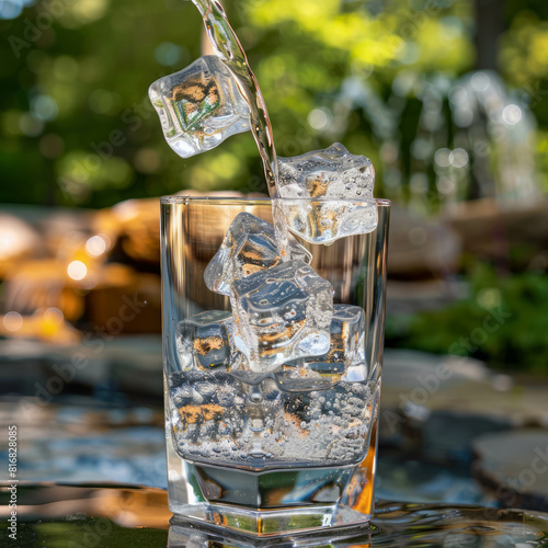 Experience the relief of a cold drink on a scorching summer day as ice cubes cascade into a 20-ounce glass of water. AI generative. photo