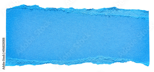 Blue isolated cut out torn piece of blank paper note cardboard with texture and copy space for text on white or transparent background 