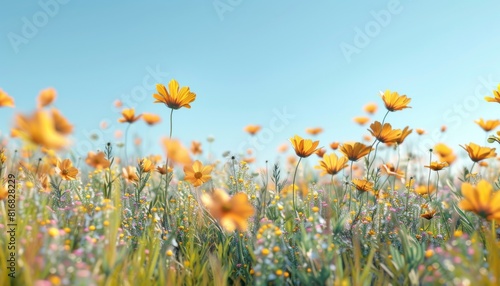 Field of wildflowers swaying gently in the breeze under a clear blue sky, Nature, peace, relaxation