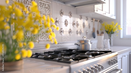 Apartment with modern kitchen Stainless steel gas stove counter, sink, storage cabinet, elegant white cabinets, minimalist style, and bright yellow flowers.