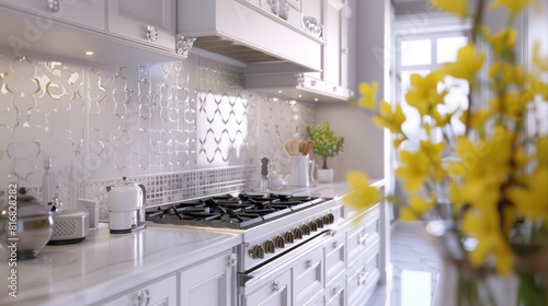 Apartment with modern kitchen Stainless steel gas stove counter, sink, storage cabinet, elegant white cabinets, minimalist style, and bright yellow flowers.