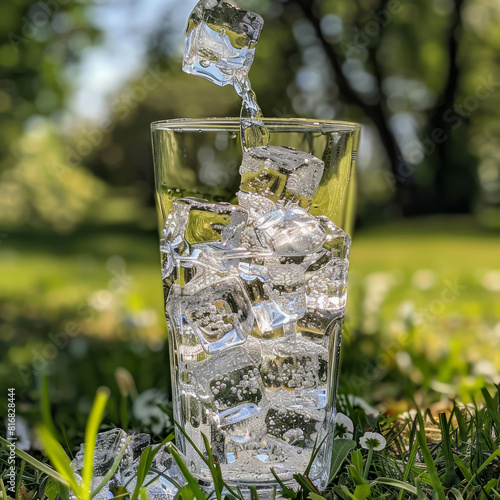 Beat the summer heat by pouring ice cubes into a 20-ounce glass of water, creating a refreshing beverage to enjoy. AI generative. photo