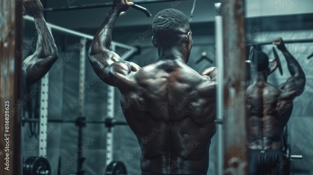 A man exercising by doing pull ups in a gym. Suitable for fitness and workout concepts A man exercising by doing pull ups in a gym. Suitable for fitness and workout concepts