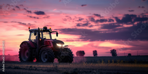 Sunset field tractor, vivid skies, farming landscape, nature bac photo