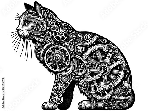 Machine cat, whose internal structure consists various mechanical parts. Vector, generative ai.