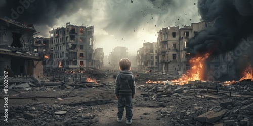 A young boy standing in front of a pile of rubble. Suitable for construction or disaster concept photo