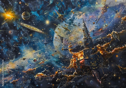 An imaginative painting depicting humans exploring outer space, settling on distant planets, and constructing space stations with advanced spacefaring technology. photo