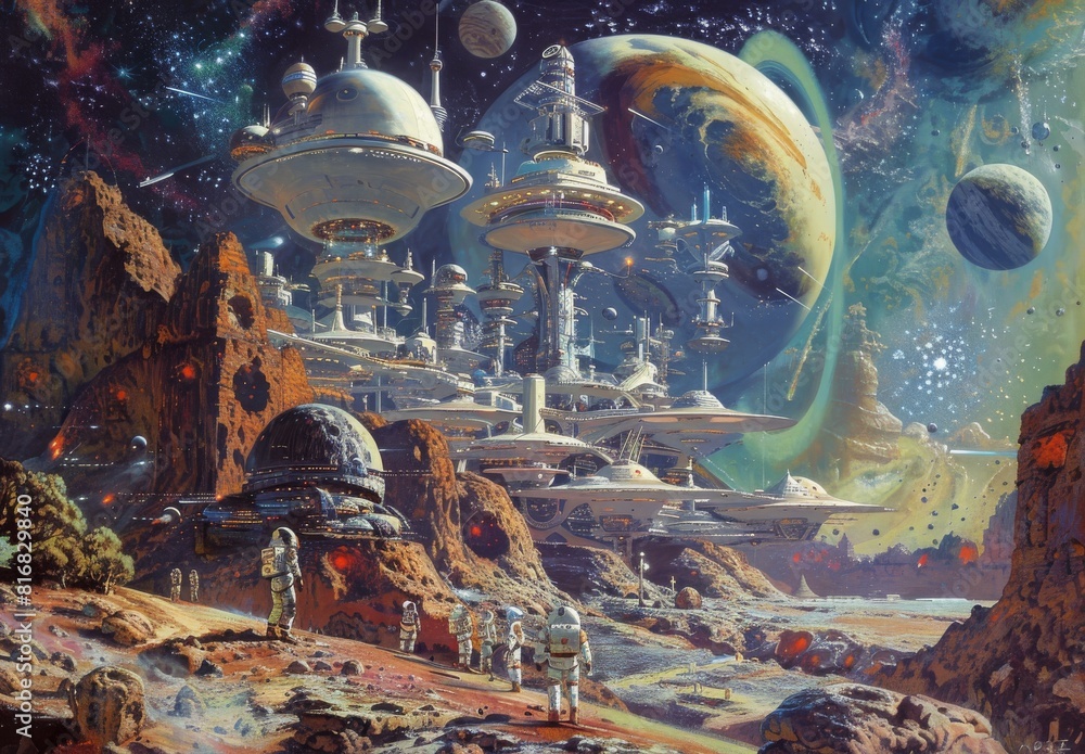 Fototapeta premium An imaginative painting depicting humans exploring outer space, settling on distant planets, and constructing space stations with advanced spacefaring technology.
