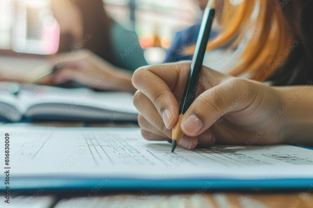 A person writing on a piece of paper with a pencil. Suitable for educational or office concepts A person writing on a piece of paper with a pencil. Suitable for educational or office concepts