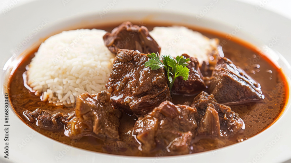 Delectable african beef stew served with white rice, garnished with fresh parsley, presented on a bright, clean plate setting Delectable african beef stew served with white rice, garnished with fresh parsley, presented on a bright, clean plate setting