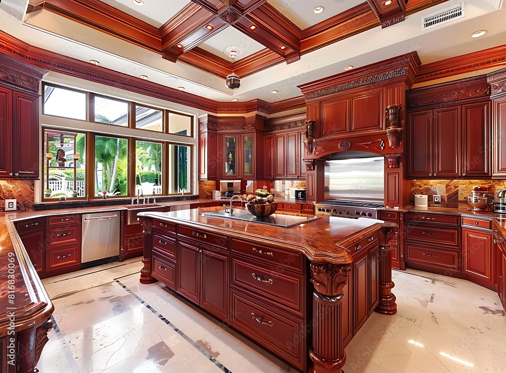 large kitchen in luxury home with cherry wood cabinets and marble countertops stock photo contest winner,