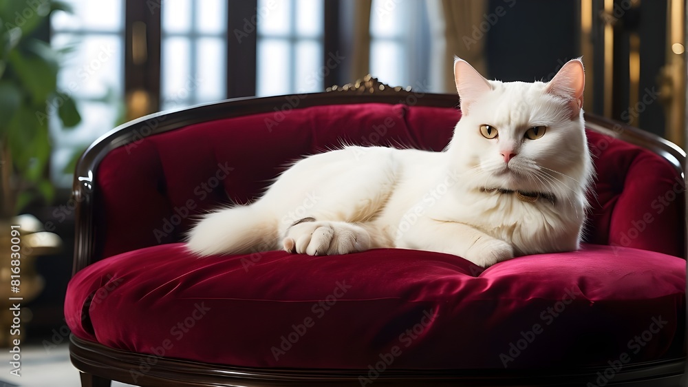 A sleek and elegant cat with a coat of sleek, glossy lipids, lounging on a luxurious velvet cushion in a lavish mansion.